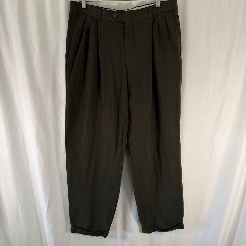 Pronto Uomo Worsted Wool Dress Pants Men's 35 Dark Green Pleated Office Work